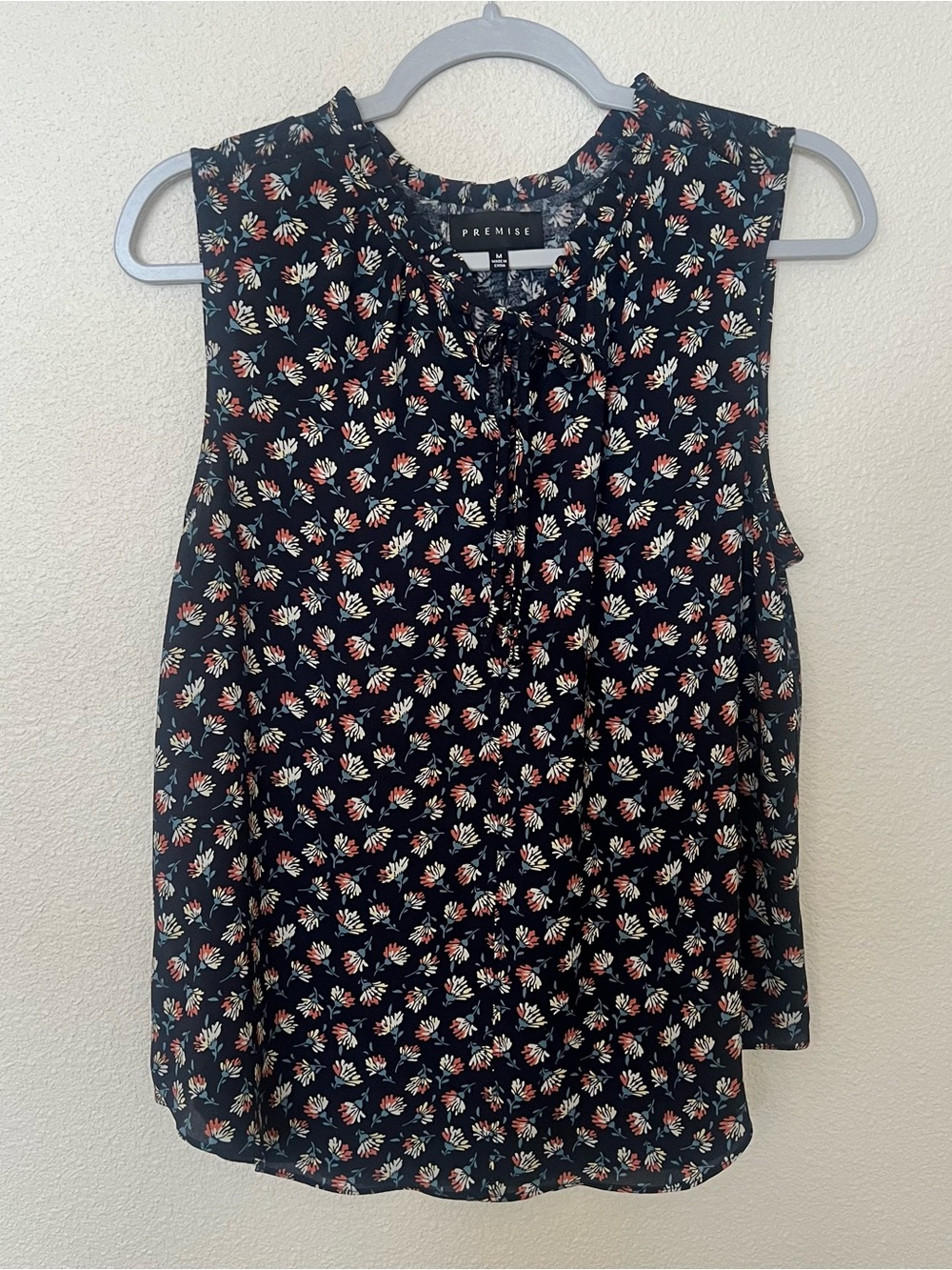 Premise Navy Floral Sleeveless Tie-Neck Blouse